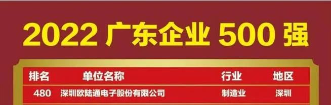 喜訊！歐陸通再次上榜廣東企業(yè)500強(qiáng)